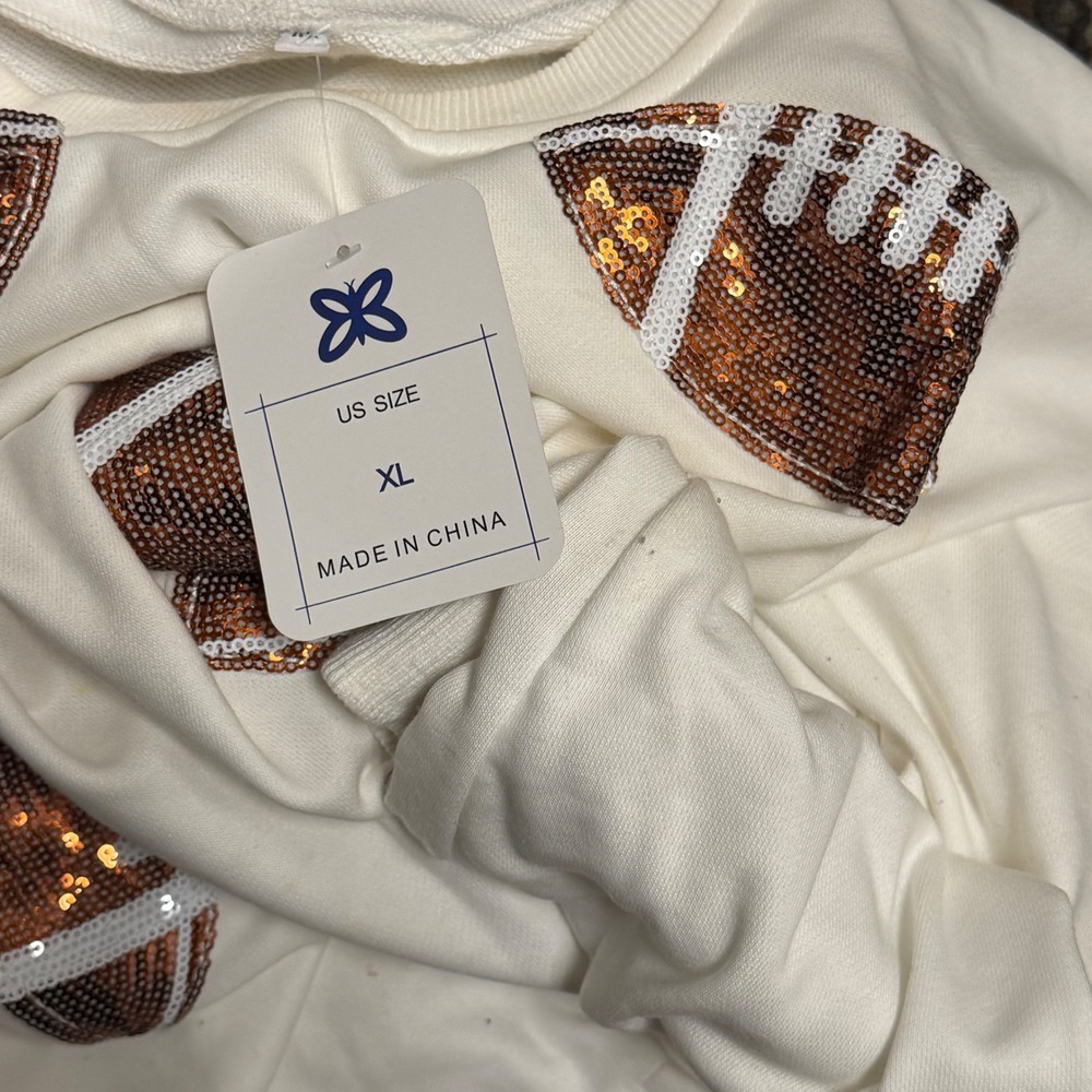 Football Sequin Sweatshirt Womens XL Oversized Gameday Crewneck White - Picture 7 of 7